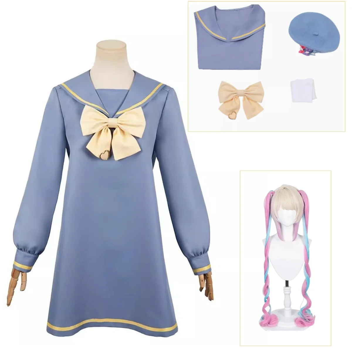 Game NEEDY GIRL OVERDOSE KAngel Cosplay Costume Wig Lolita Girls' Blue Dress School Uniform Halloween Carnival Party Clothes Set