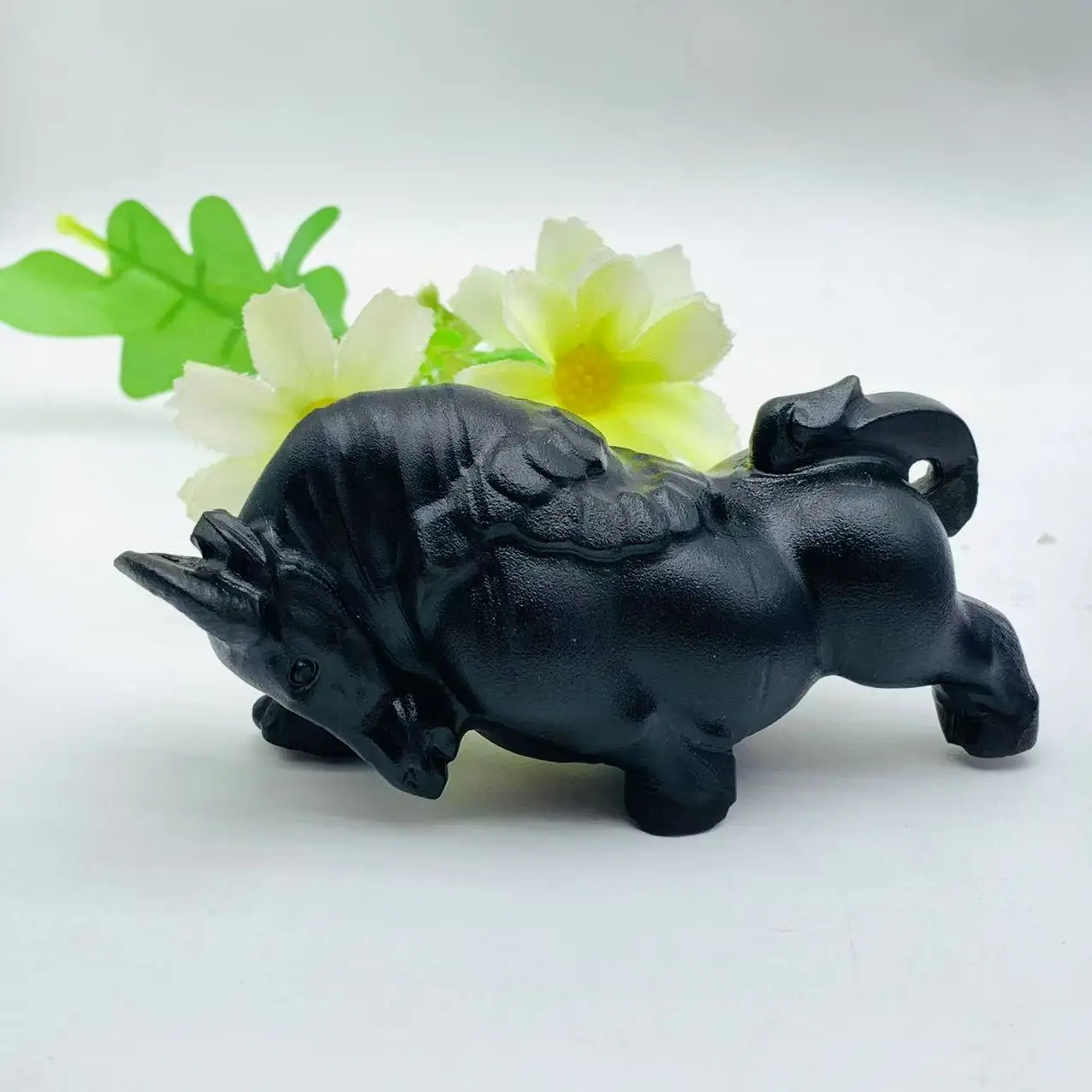 

9.5cm Natural Obsidian Quartz Hand Carved Bull statue Healing Crystal Home Decor Gift
