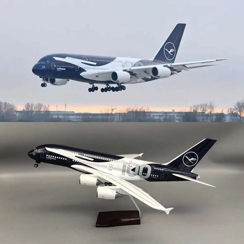 46cm Model Airplanes A380 Lufthansa 100th Anniversary Diecast Resin Scale Aircraft Collectible Gifts With Voice Control & Stand