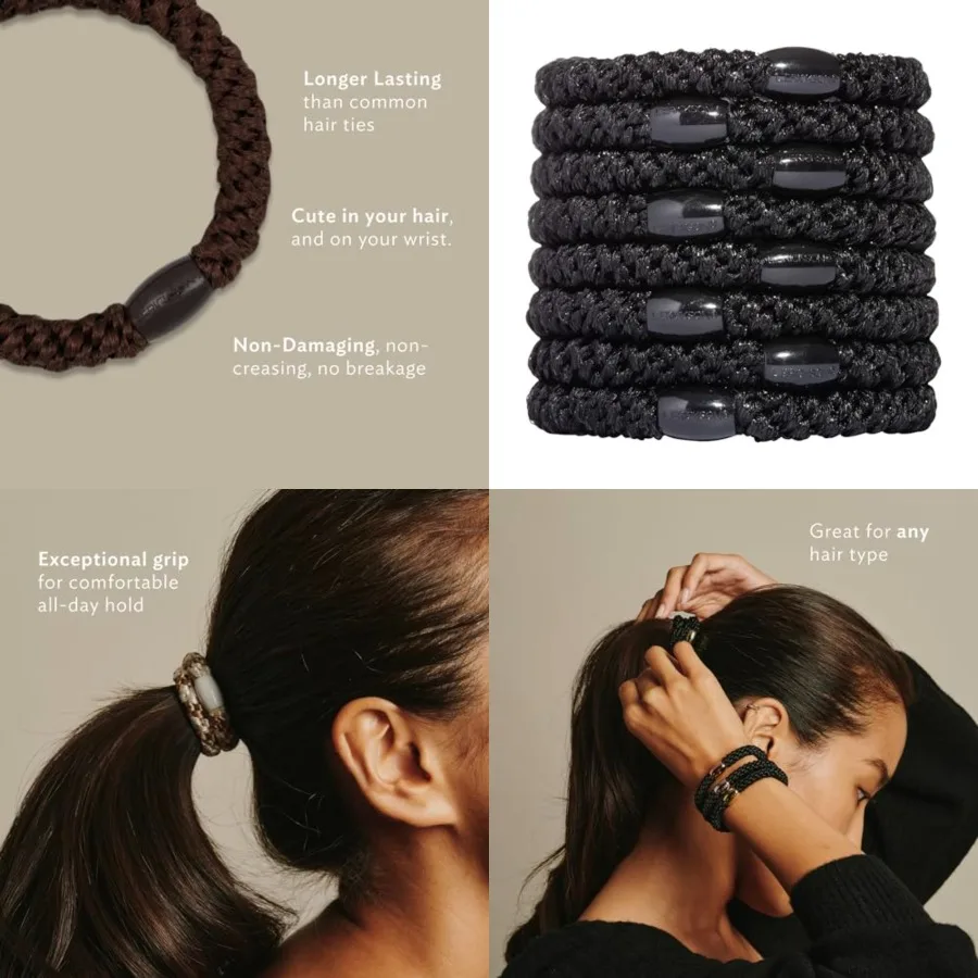 

L. Erickson Pony Hair Ties - Black - 8 Pack Ponytail Holders - Damage Hair Accessories for Women