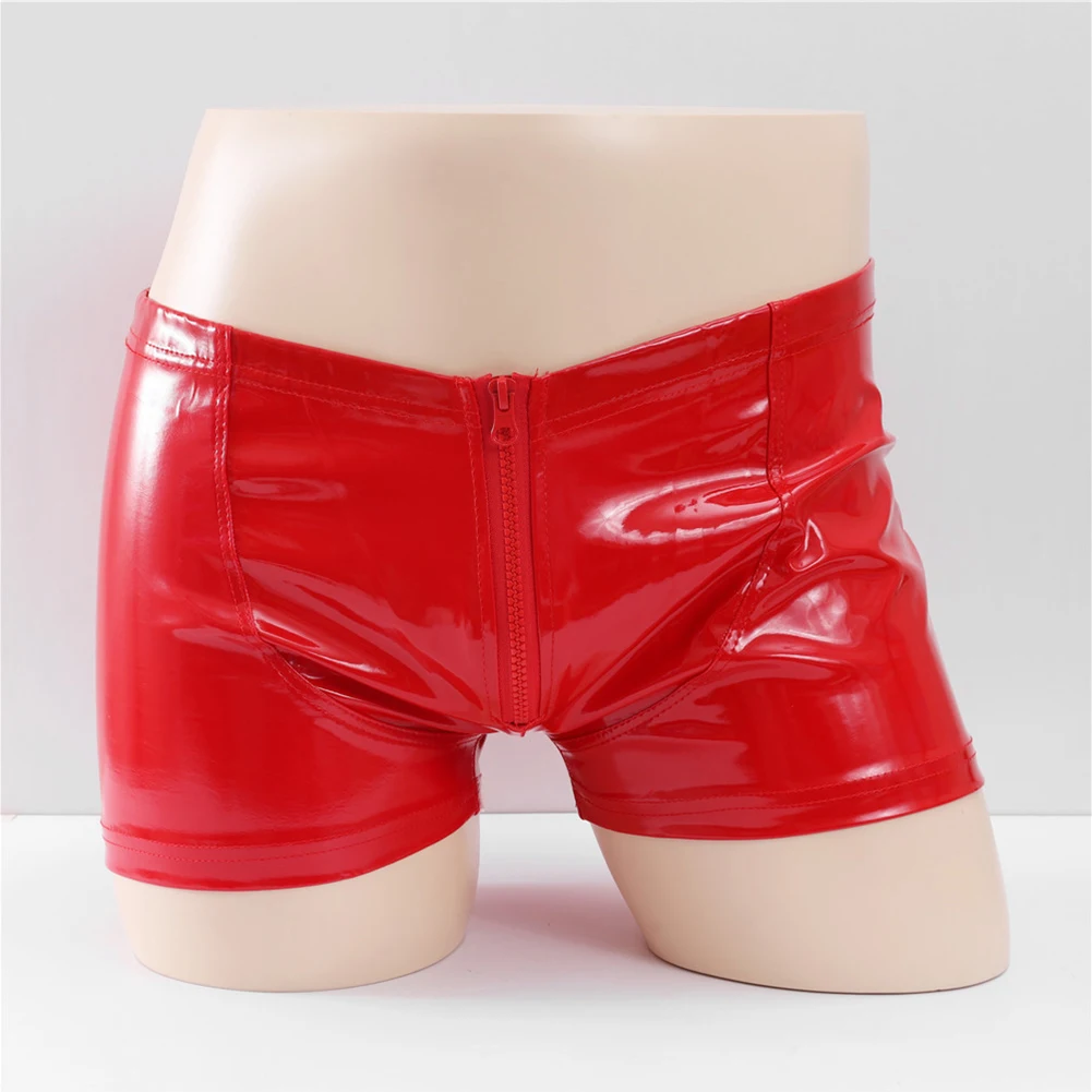 Sexy Men PU Leather Boxers Zip Up Panties Low Rise Bodycon Shorts Underpants Hip Lift Hot Underwear Bulge Pouch Panties