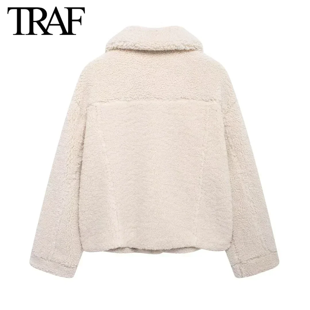 TRAF Fleece Jacket for Women Fashion Winter New Lapel Long Sleeve Single Breasted Slanted Pocket Warm Shirt Style Short Jackets