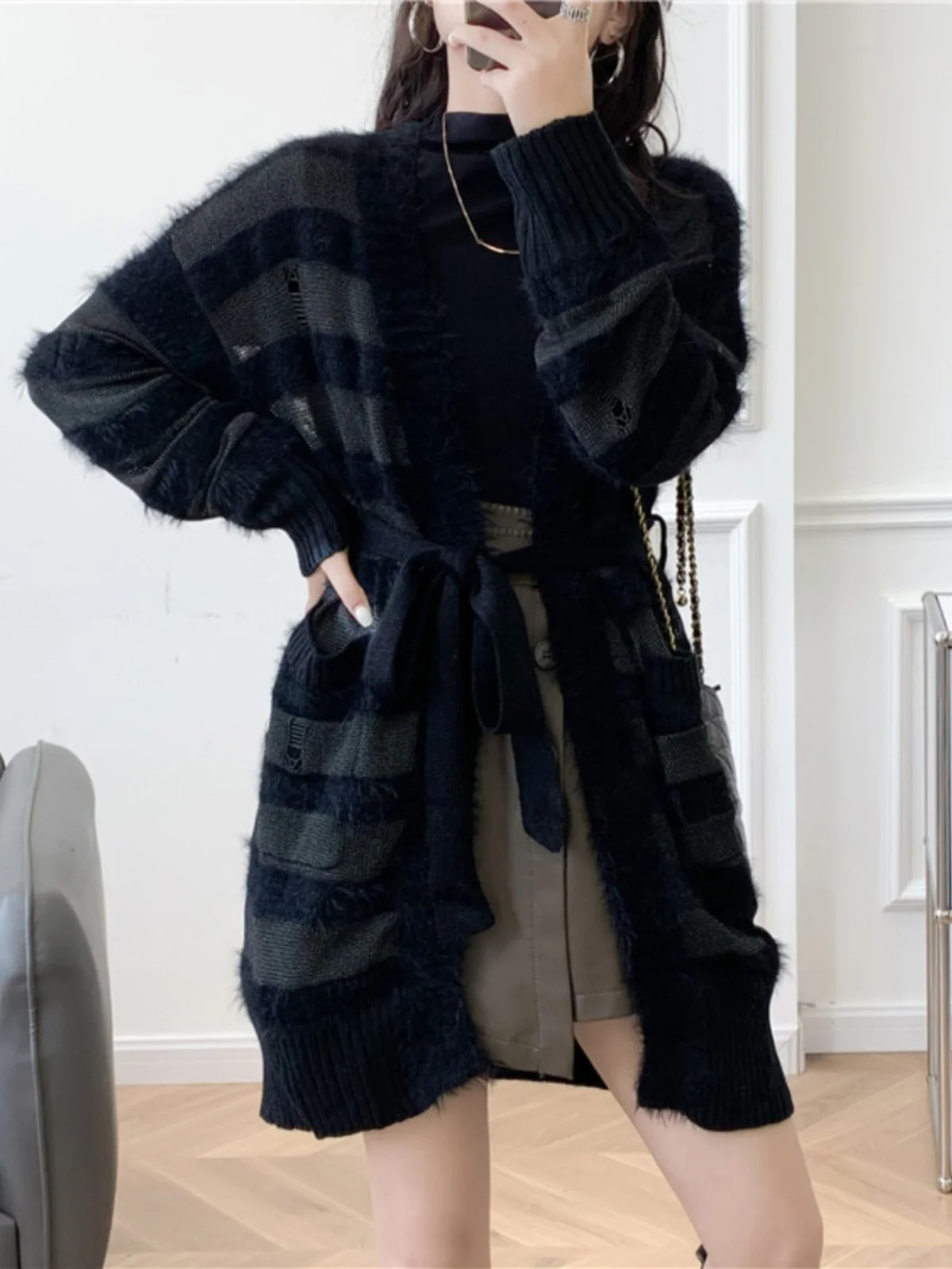 

Loose Knitted Cardigan Women's Faion Hole Design Lazy Sle Sweater Coat V-ne Long Sve Mid-length Commute Sle Pure C...