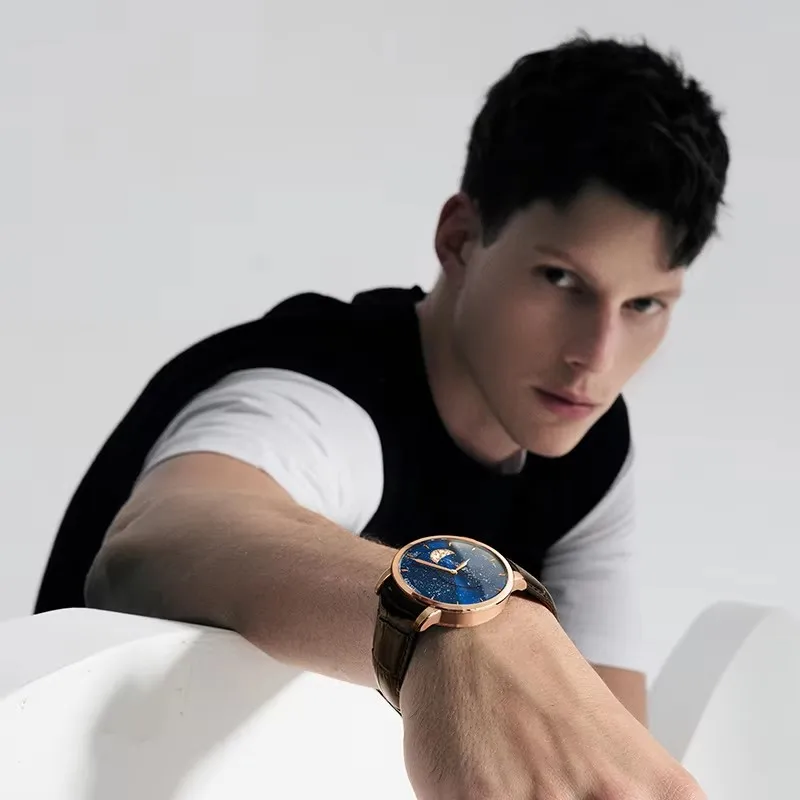 AGELOCER Original montre d'astronome hommes d'affaires de luxe montre en or automatique mécanique Phase de lune montre cadeau d'anniversaire pour hommes