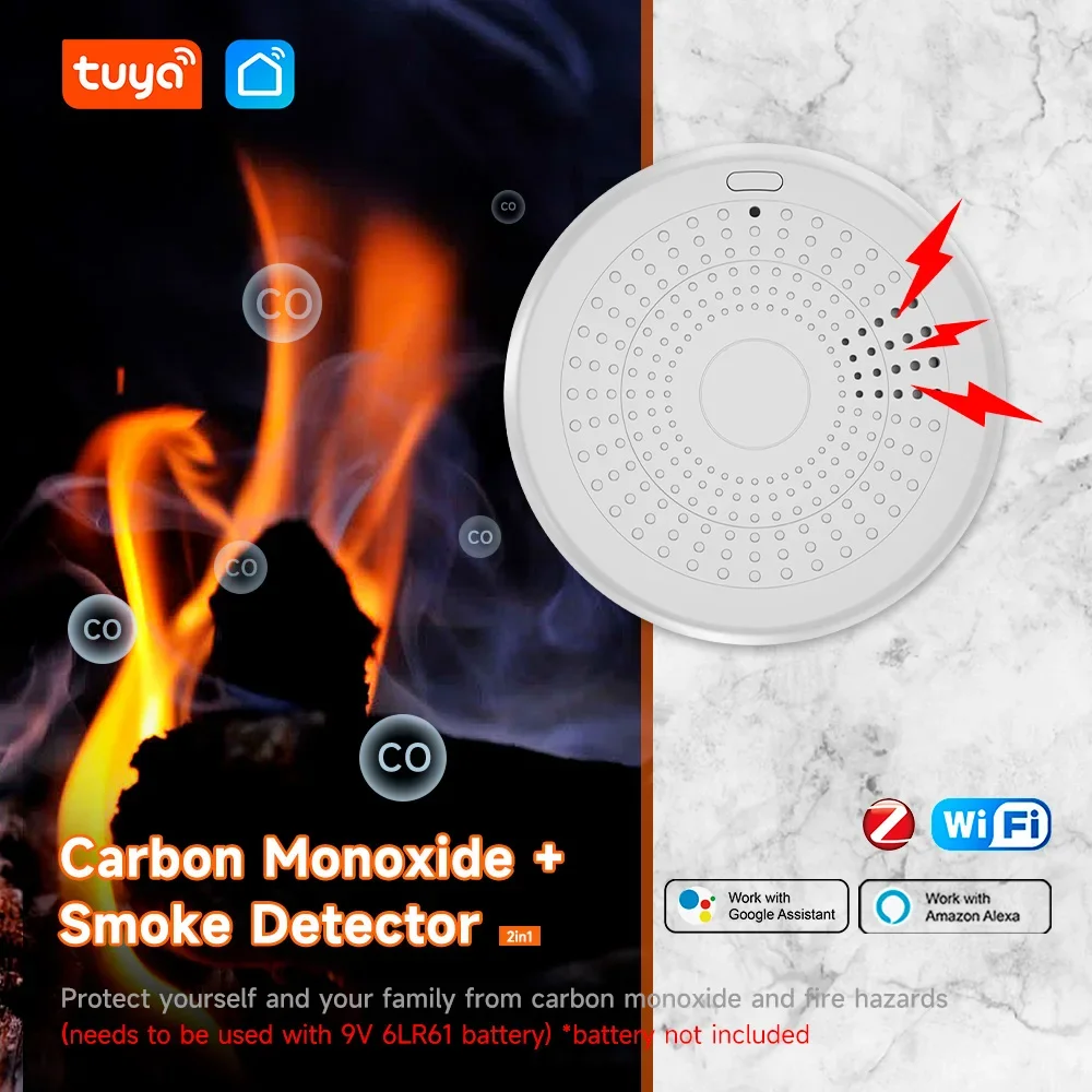 Tuya 2 In 1 Version Smoke Fire Sound Alarm Sensor WiFi Function Smoke Detector & Carbon Monoxide Co Gas Detector With Smart Life