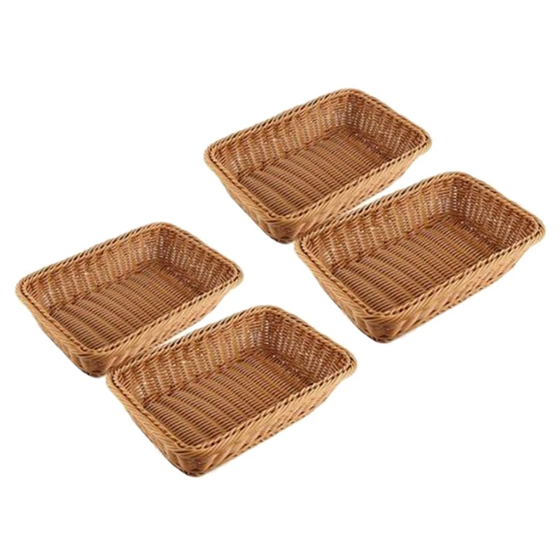 

4 Pcs Rectangular Basket For Table Or Counter Display For Bread,Fruits And Vegetables Wicker Baskets For Markets,Bakery