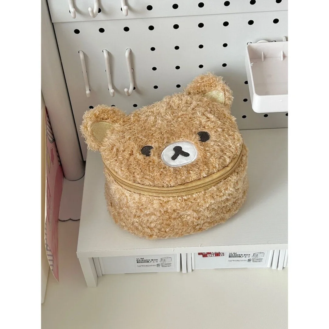 Cartoon Cute Cute Lamb Fleece Little Bear Head Elliptical 3D Makeup Bag Portable Storage Washbag