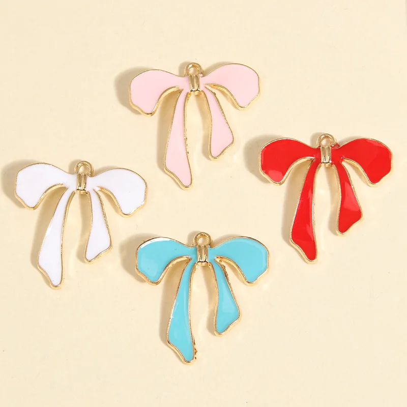 10pcs Gold Color 27x26mm Lovely Enamel Bowknot Charms Ornament Pendant For DIY Handmade Necklaces Jewelry Making Accessories