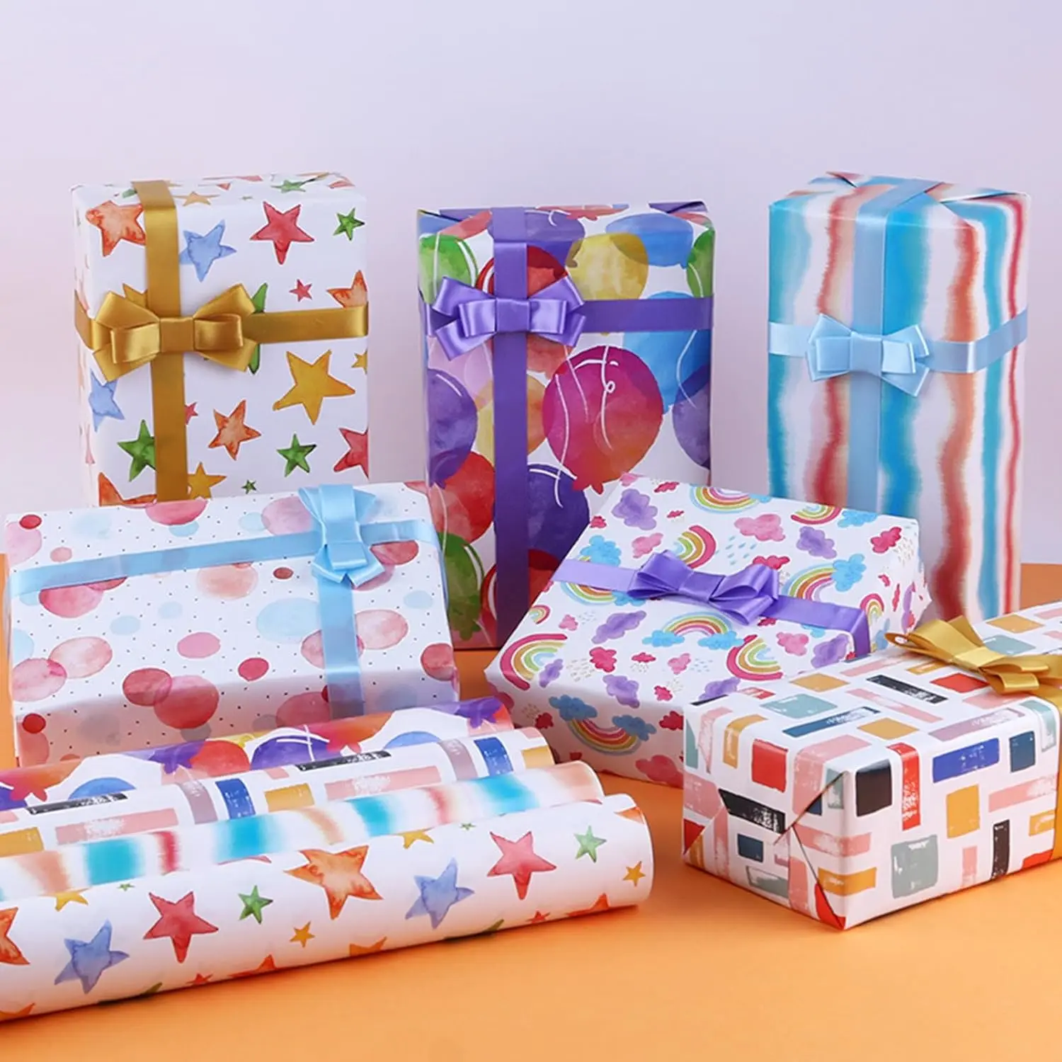 6 Sheets Gift Wrapping Paper with 2 Ribbon, Happy Birthday Gift Wrapping Paper 50 x 70cm Recyclable Gift Wrap for Girls Kids