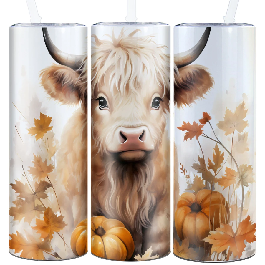 1Pc 3D Print Fall Highland Cow Water Bottle Straw Lid Stainless Steel Hot Cold Insulated Coffee Mugs Holiday Party Supplies