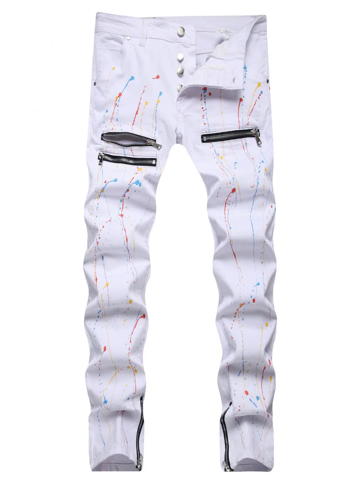 

Men's Distressed Straight Leg Jeans Casual Zipper Hole Punch Print Personalized Slim Fit Cotton Denim Youth Summer Fashion