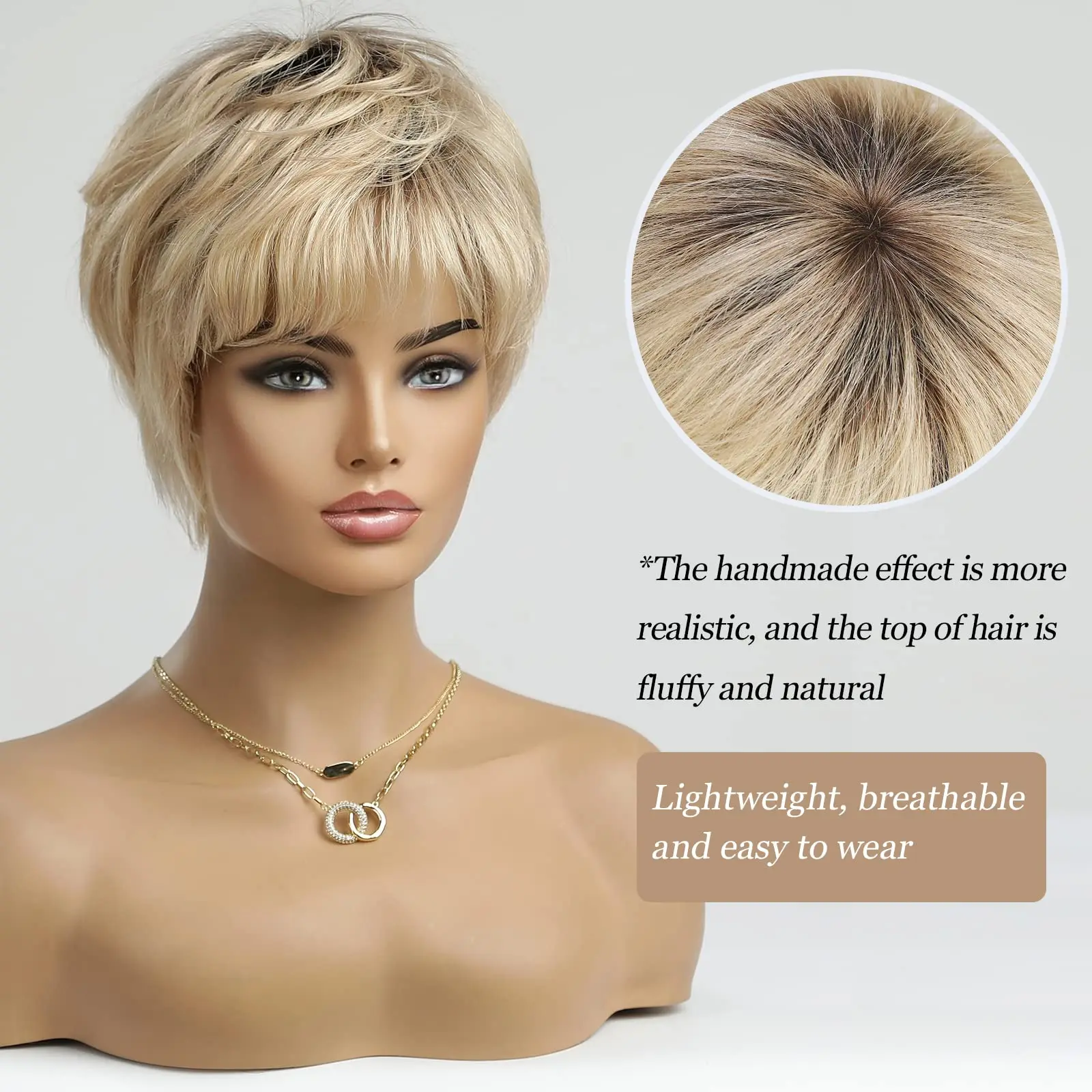 100% Remy Human Hair Wigs Ombre Blonde Short Bob Pixie Cut Machine Made Wig with Bangs Human Hair Natural Layered Wigs for Women