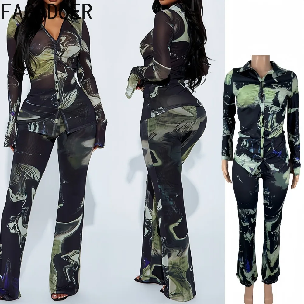 

FAGADOER Sexy Pattern Printing 2 Pieces Set for Woman Outfit Long Sleeve Single Breasted Crop Top + Pants Female Streetwear New