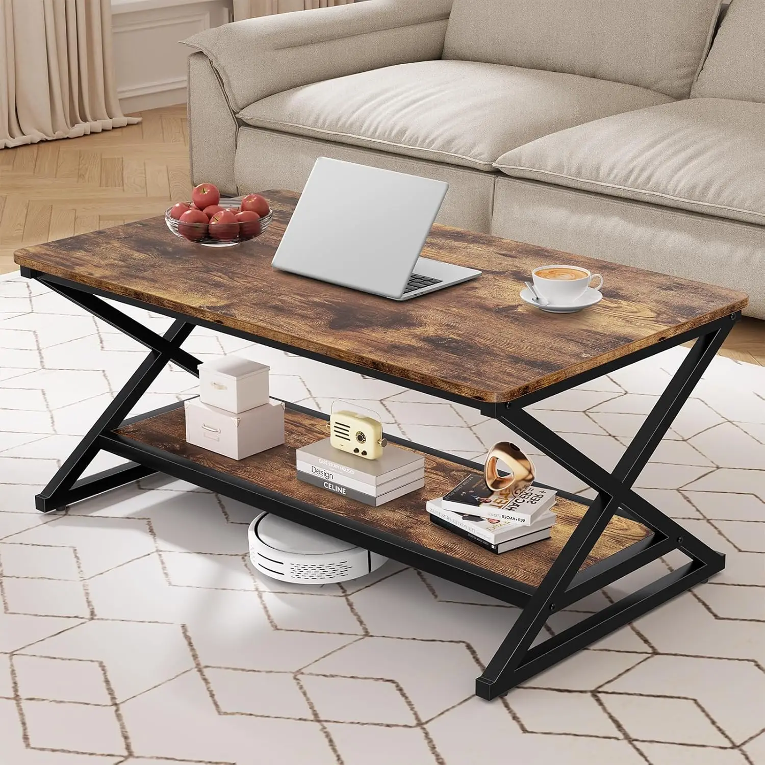 39 Inch Rustic Industrial Coffee Table - 2-Tier Rectangle Farmhouse Minimalist Table with Storage Shelf & Round Corners