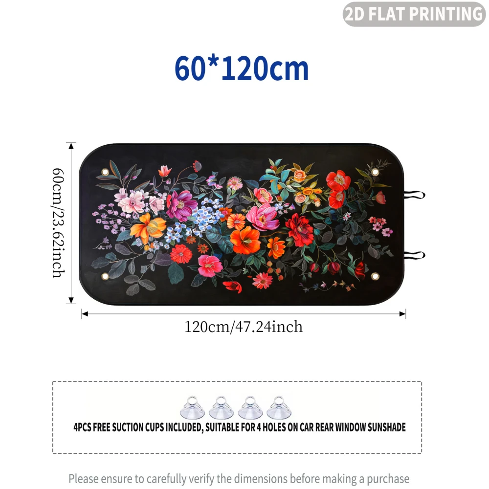 2D FLAT Printing 1pc Car Rear Window Sunshade Vibrant Floral Bouquet Pattern, 4 Suction Cups,  Block Sunlight for 4 Seasons