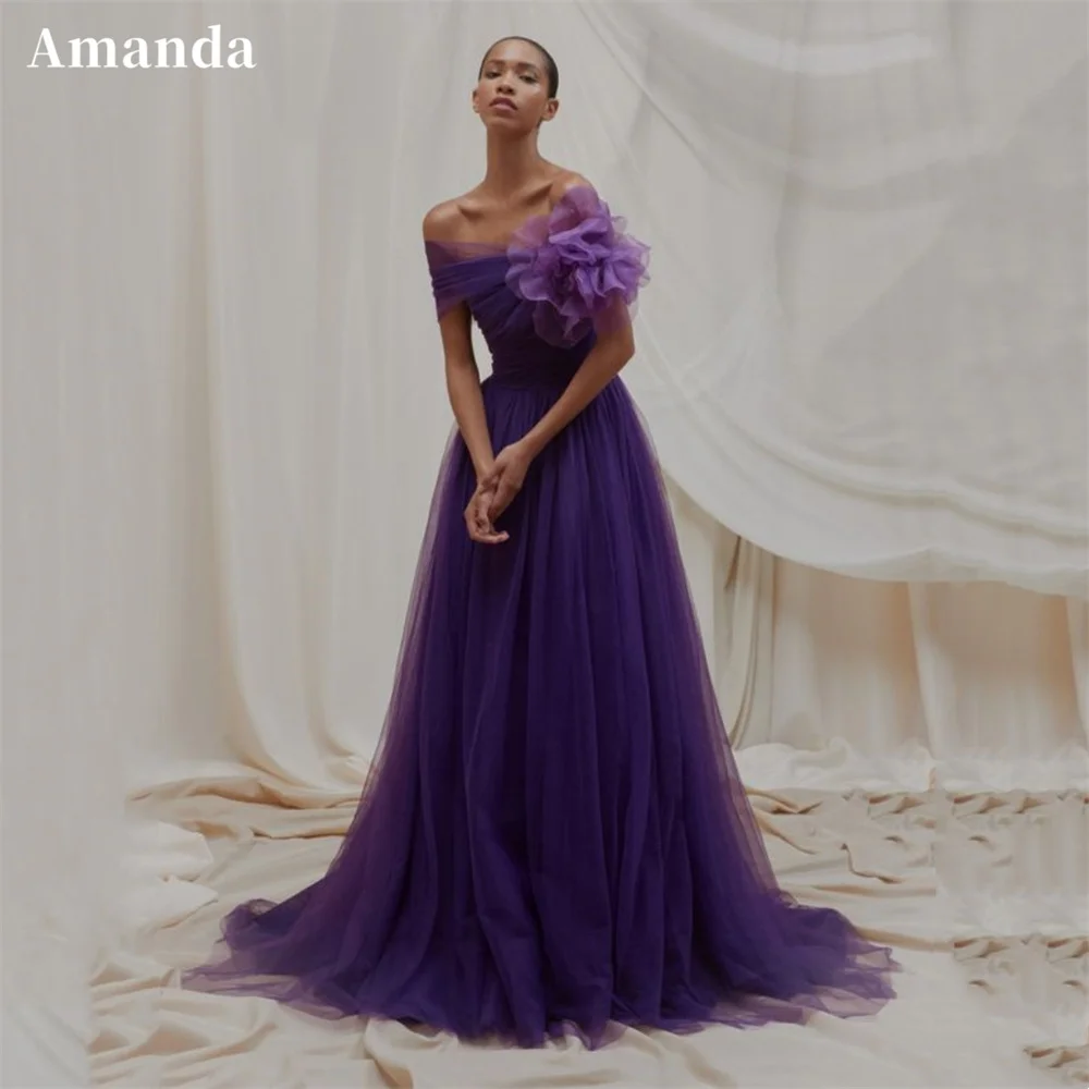 Amanda roxo do ombro A-Line Prom Dress, Bainha plissada, Tule sem alças,