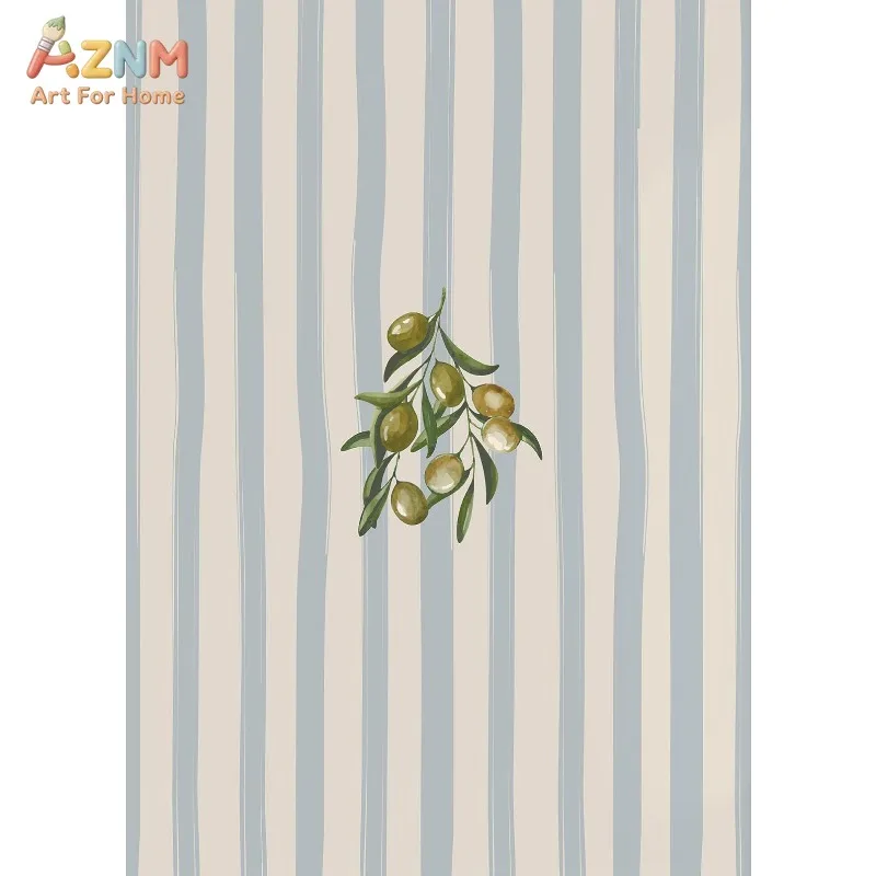 AZNM Blue Beige Striped Mediterranean Food Canvas Wall Art Sardine Tomato Lemon Olive Wine Oyster Watercolor Print Coastal Kitch