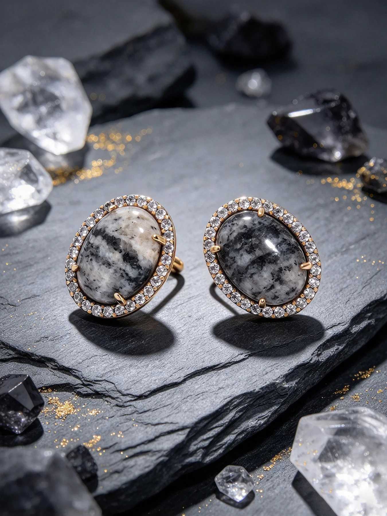 Oval Ink Vein Stone Stud Earrings With Surrounding Crystals, Vintage Aged Gold Artisan Jewelry