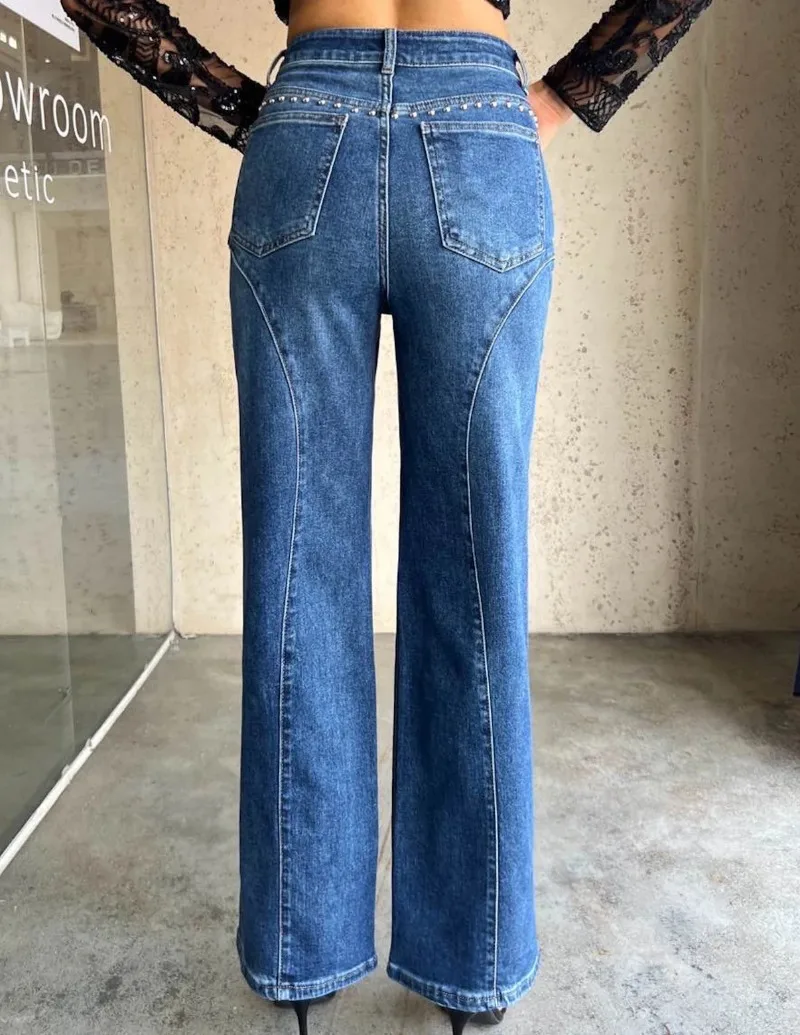 Damen-Jeans mit Nieten und geradem Bein, gebogene Nähte, Metallperlen, lockere, weite Denim-Hose, amerikanischer Street-Casual-Stil, Alltagshose – Detail 7