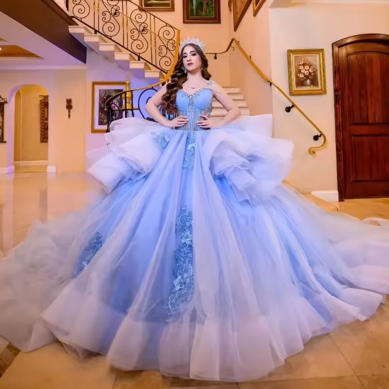 Customized Sweet 15 Dress Sky Blue Tulle Princess Quinceanera Dress Tiered Skirts Pageant Party  Dressvestidos de quinceañeras