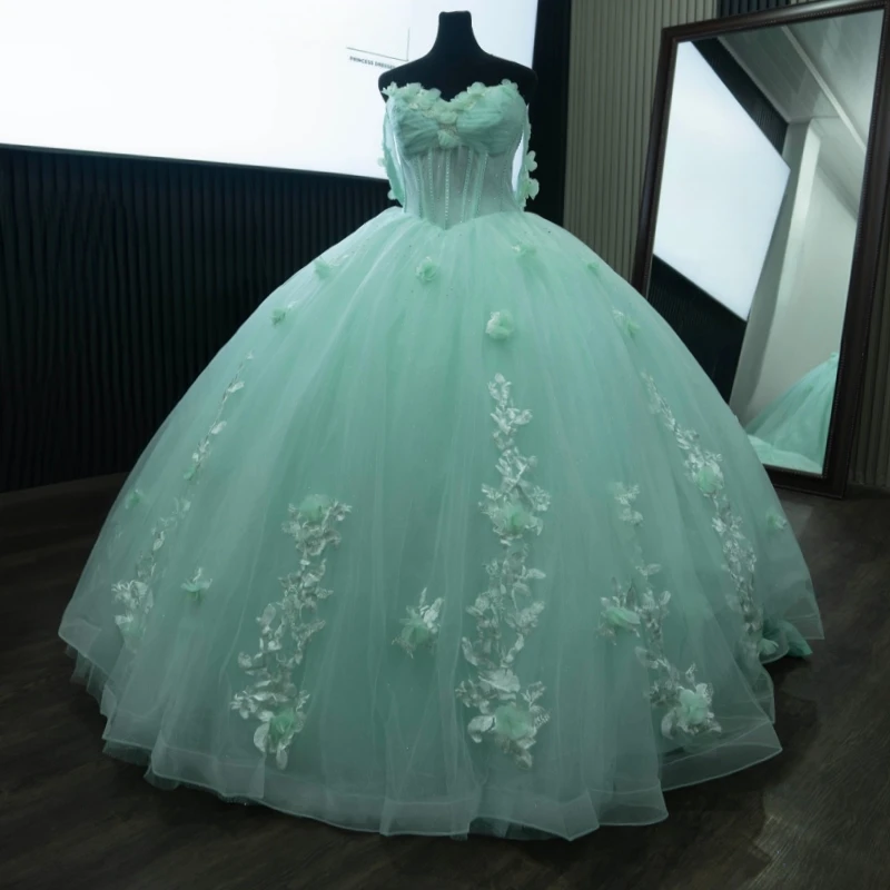 

Mint Green Shiny Quinceanera Dresses Ball Gown Off The Shoulder Applique Flower Beads Tull Corset Party Birthday Sweet 16 Dress
