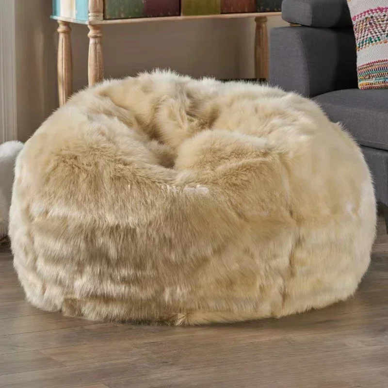 

American Style Furniture Living Room Round Plain Rabbit Fur Bean Bag with Beans Refill Beanbag Cover Sofa