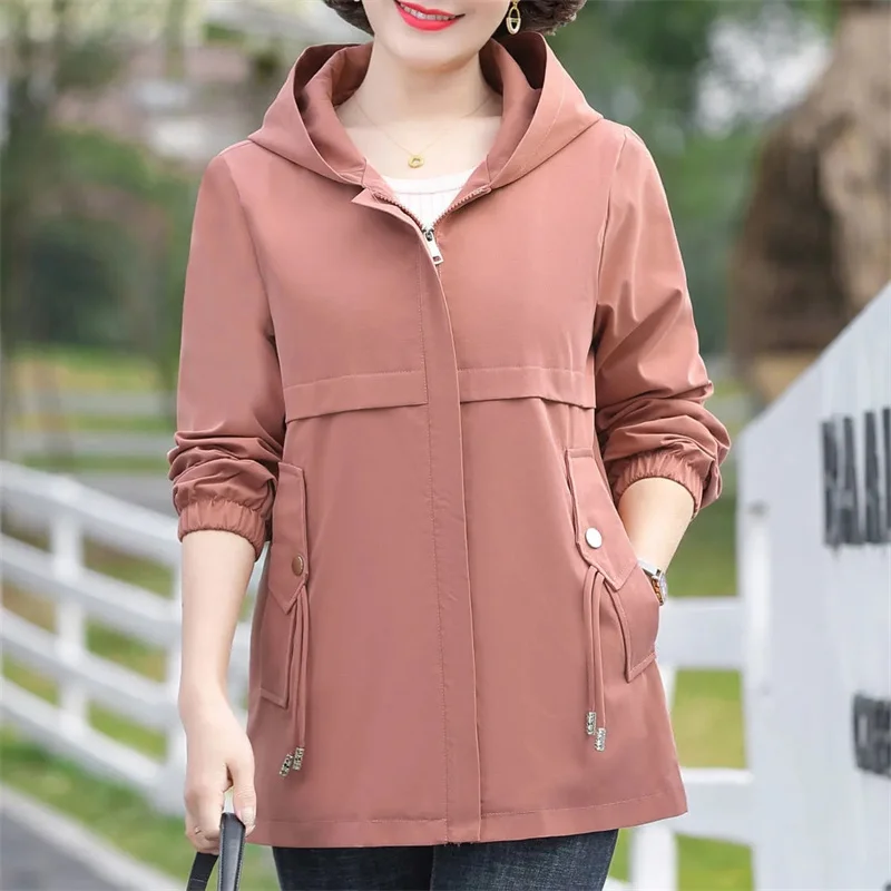 

2023New Spring Autumn Middle aged Women Jacket Fashion Zipper Jackets Causal Hooded Long Sleeve Windbreaker Female Outerwear 5XL