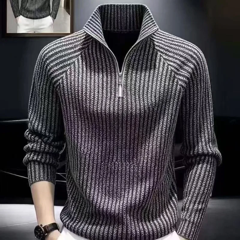 Men's Half Zipper Pullover Sweatshirt Splicing Vertical Stripes Stand Collar Slim Fit Top Business Casual Streetwear Sweatshirt