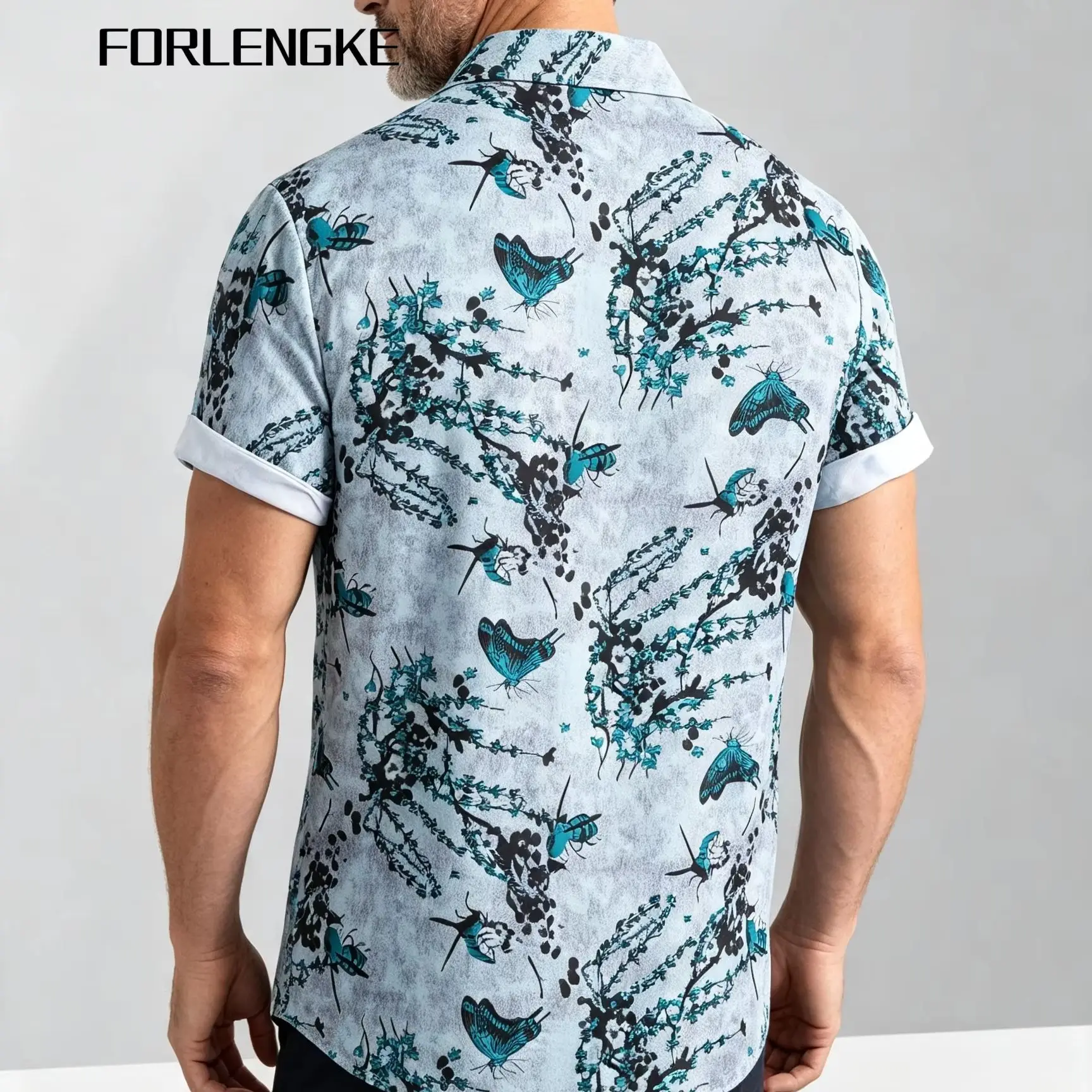 FORLENGKE Men Casual Butterfly Print Short Sleeve Shirt, Soft Breathable Loose Button Down Blouse For Summer Vacation Beach Dail