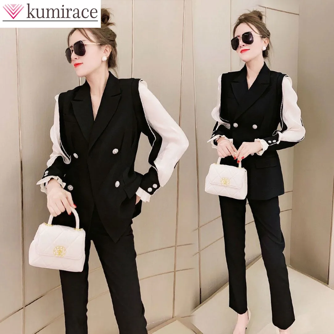 

V-neck Long Sleeve Chiffon Suit Jacket Blazer Pencil Pants Two Piece Set Elegant Women's Pants Suit Office Casual Outfits