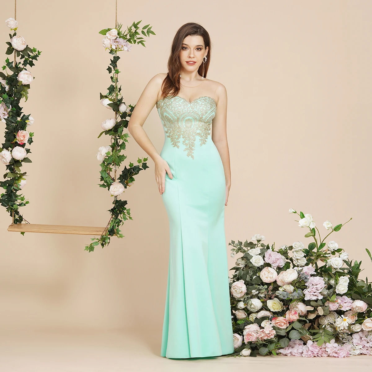 BABYONLINE abiti da damigella d'onore verde menta Maxi lunghezza del pavimento abiti da sirena eleganti abiti dorati Sweetheart Illusion Summer