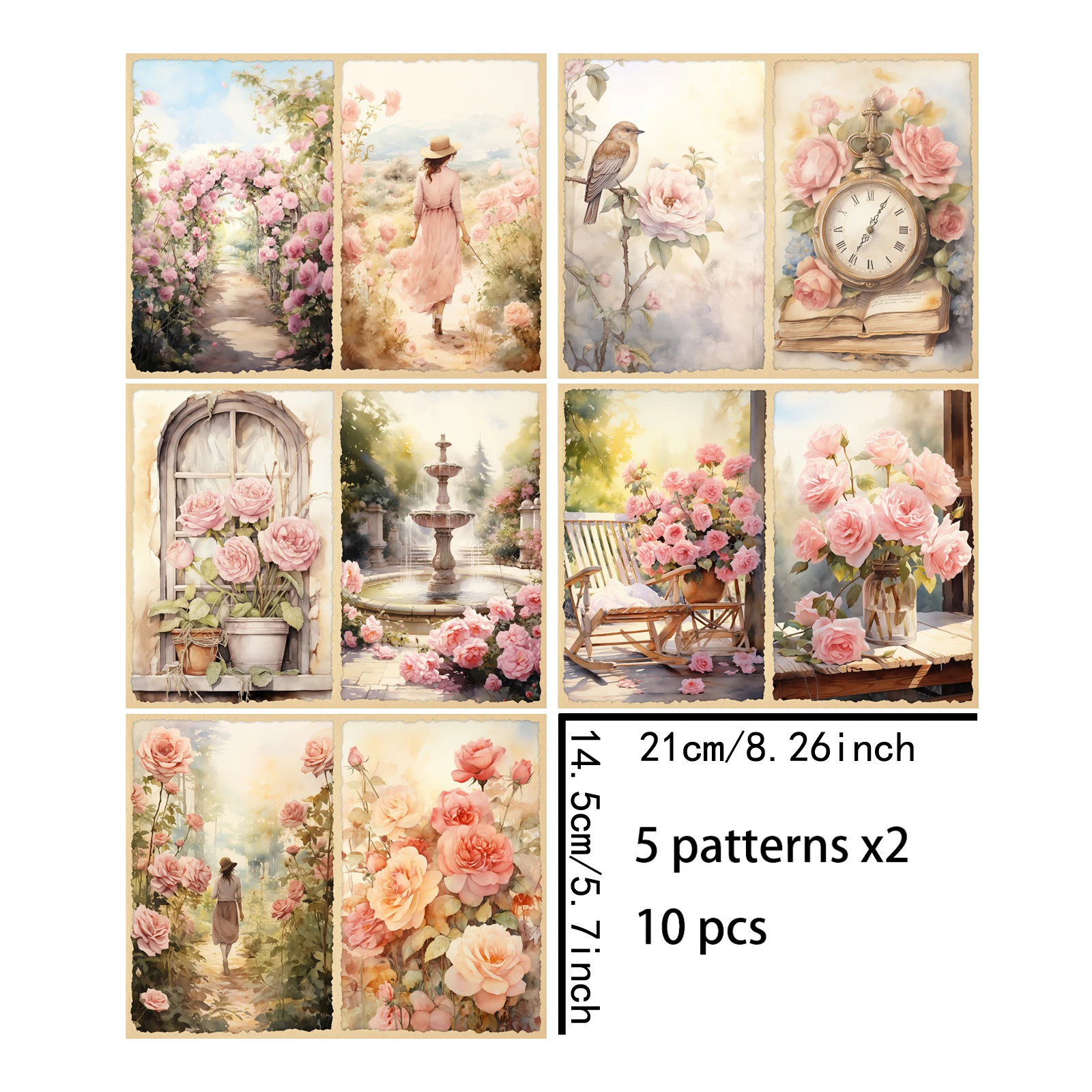 10 Sheets A5 Size Spring Girls Garden Background Vintage Grunge Journal Planning Scrapbooking