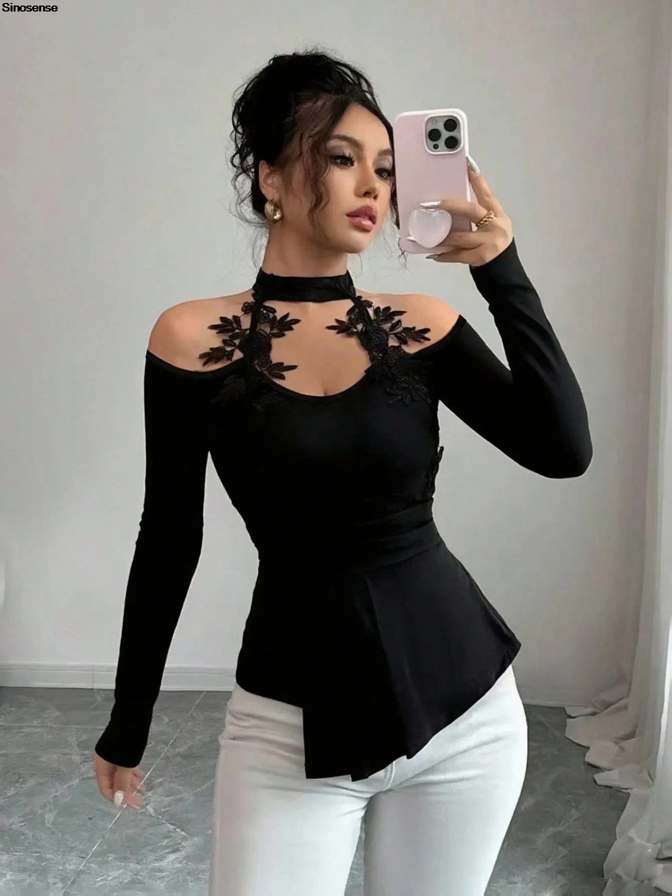 

Women Spring Autumn T Shirts Floral Embroidery Long Sleeve Tees Shirts Casual Daily Date Work Office Cut Out Cold Shoulder Tops