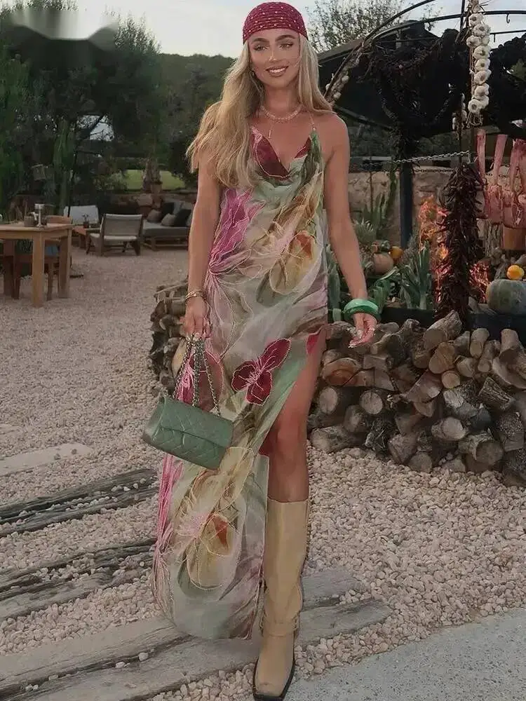 Herbst Ankle-Länge Sexy High Street Kleid Mädchen Druck Schlank Spaltung Backless Mode Robe Mode Sexy Frauen Kleider M7SM