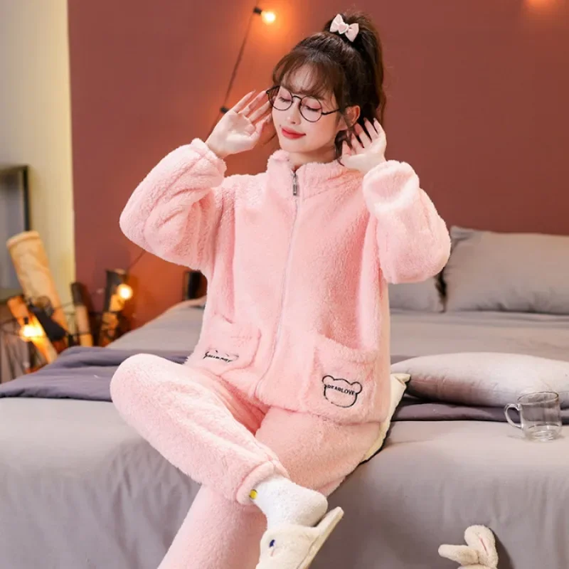 5XL Winter Warm Thicken Flannel Pajamas Women Velvet Plus Size Homewear  Loose Zipper High Collar Sleepwear Soft Plush Outwear