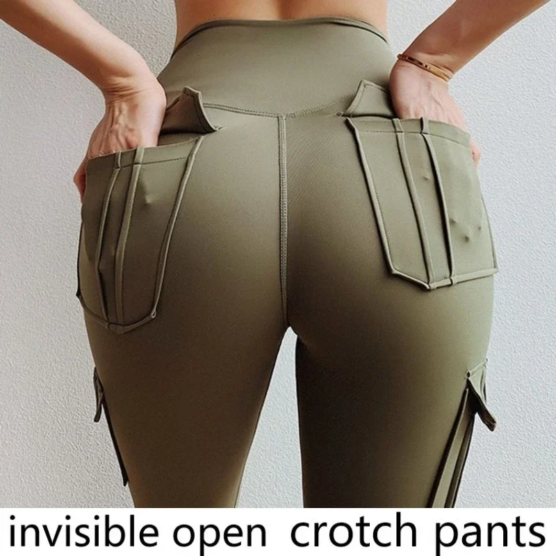 Invisible crotch pants multi-pocket yoga pants women\'s tooling splicing tight sports running fitness yoga pants