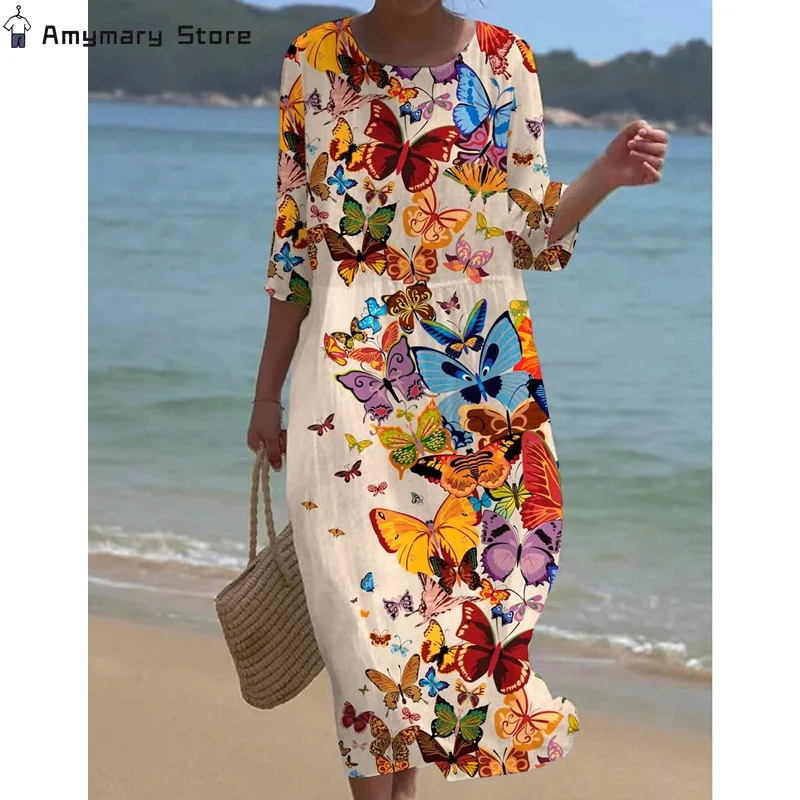 

2024 New Summer Women's Floral Print Round Neck Dress Breathable Cropped Sleeves Casual Loose Holiday Beach Party Pullover Dress