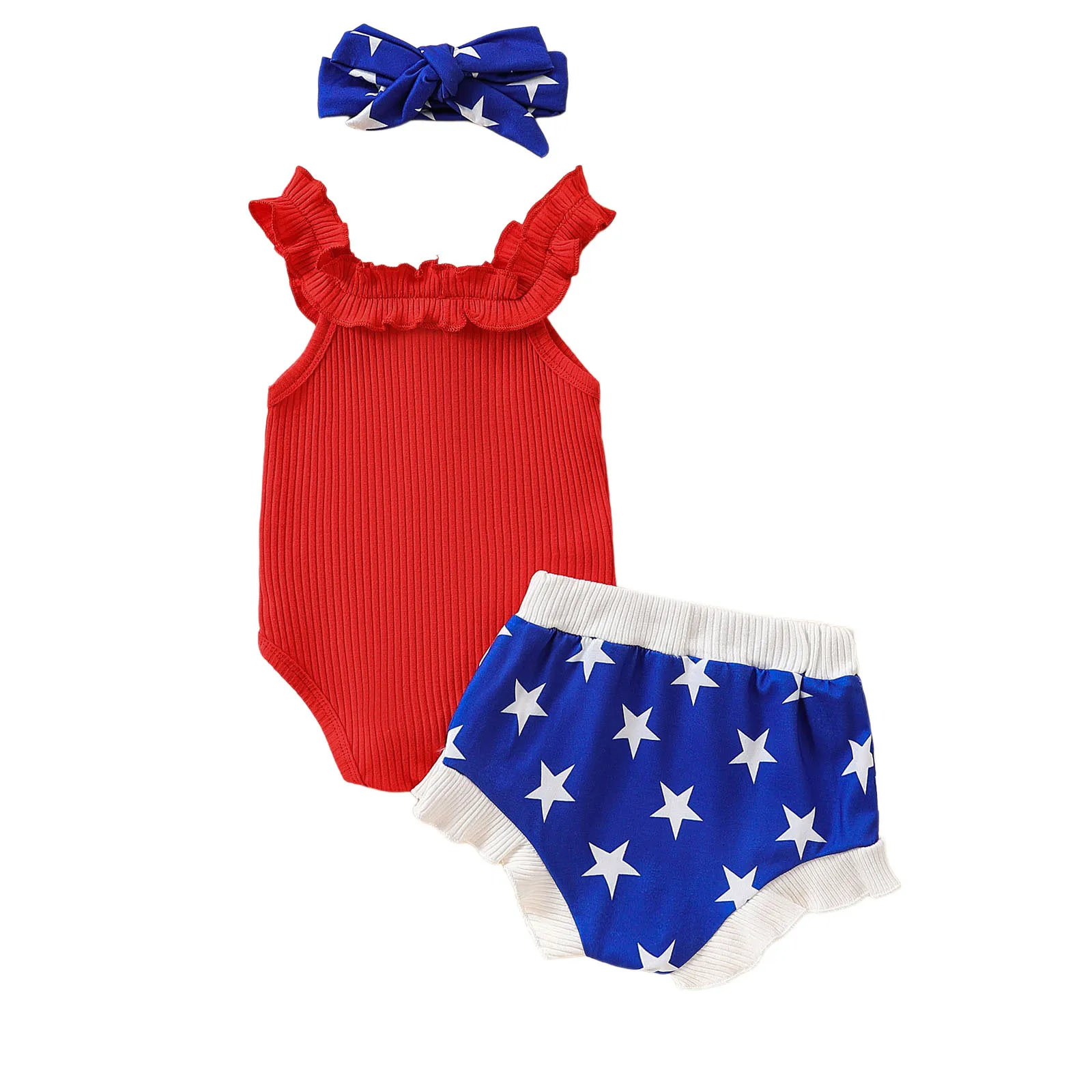 3 6 12 18Months Infant Baby Girls 4th of July Outfits Sleeveless Romper Star Print Shorts Headband Set 3Pcs Newborn Baby Clothes