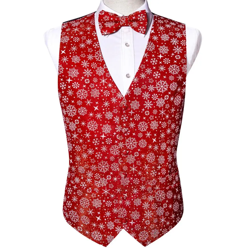 Designer Christmas Vest for Men Silk Red Green White Gold Snowflake Santa Claus Elk Waistcoat Tie Bowtie Set Party Barry Wang