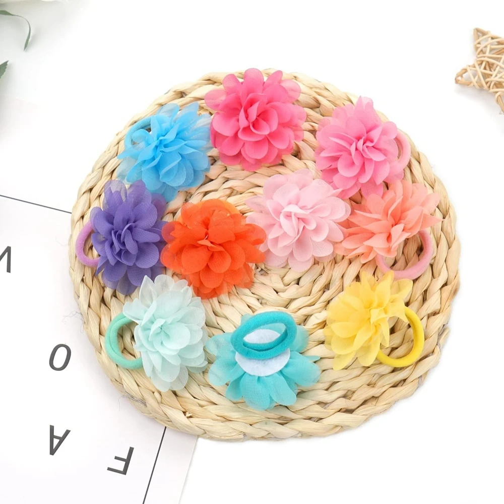 20pcs/lot Baby Girls Hair Ties 2inch Chiffon Flower Bows Rubber Bands Soft Elastics Ponytail Holders Accessories for Infants Kid