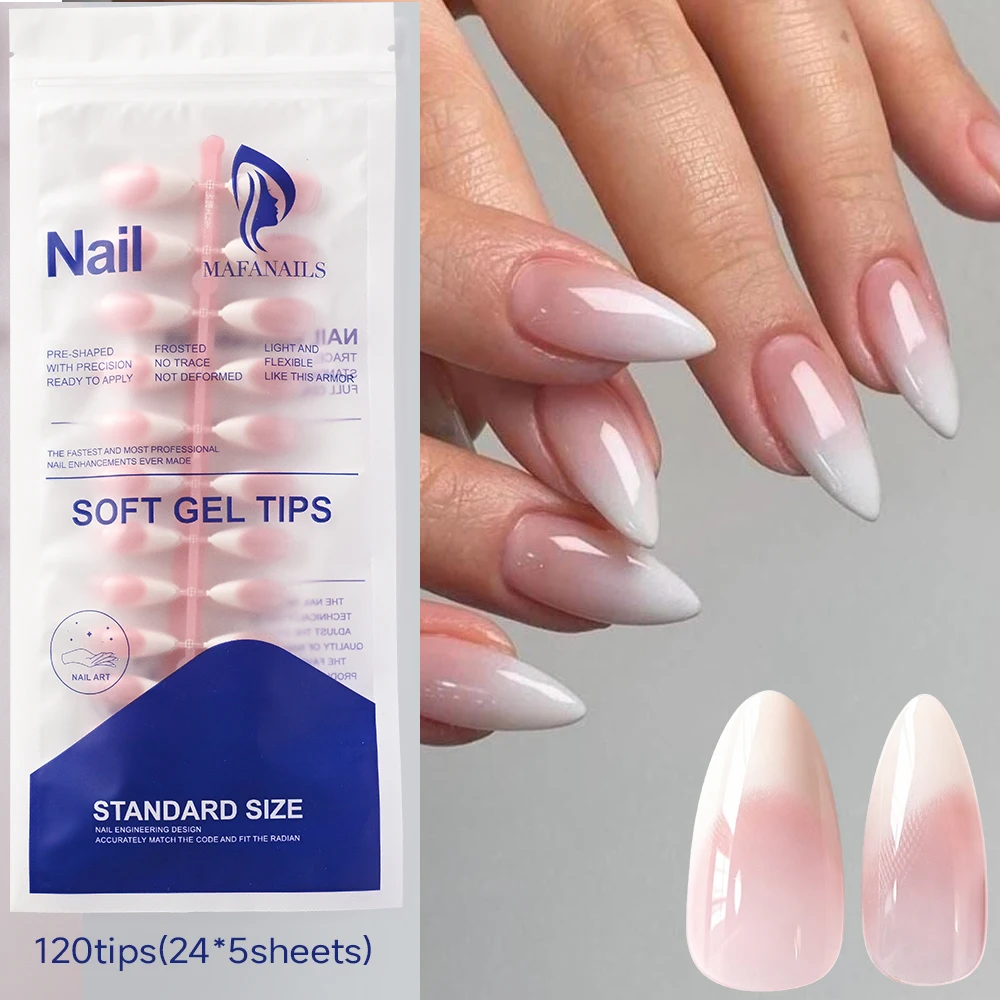 120Pcs Medium Almond French Ombre False Nail Tips Light Pink Translucent Glossy Finish Full Cover Fake Nails DIY Press On Nails