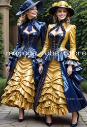 Shiny Blue Yellow Victorian Evening Dresses Long Sleeve Bustle Lace-up Corset Customsized Costume Prom Gown Rococo Cosplay