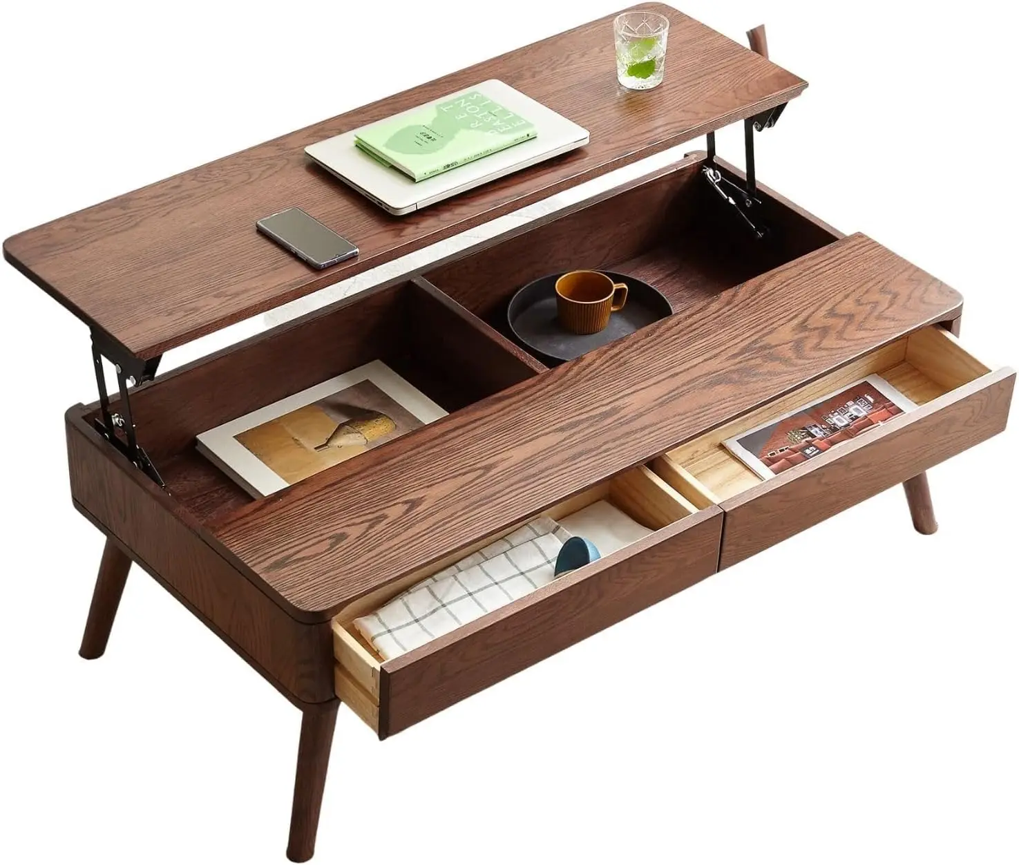 

100% Solid Oak Lift Top Coffee Table, Wood Coffee Table With Hidden Compartment And Drawers - Coffee Tables For Living Room