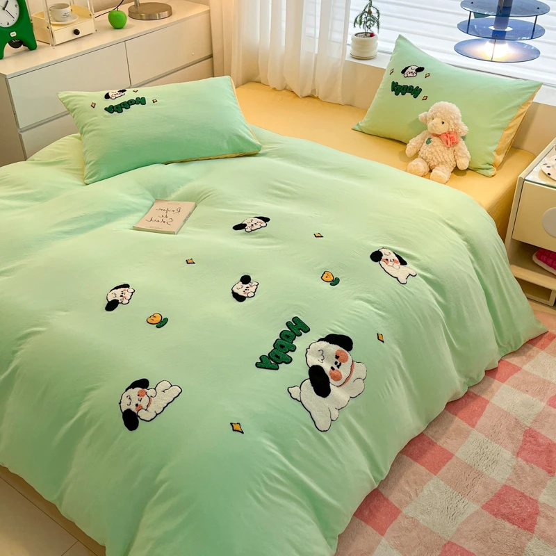 3pcs Sage Green Duvet Cover Set, Solid Color Embroidery Craft Fluffy Comforter Cover, Cute Dogs and Letters Pattern Bedding Set