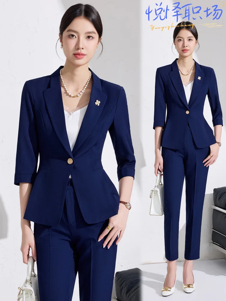 

Women's Professional Suit Set with Three-Quarter Sleeves, New Spring/Summer Commuting Formal Workwear, Single-Button Slim-Fit Bl