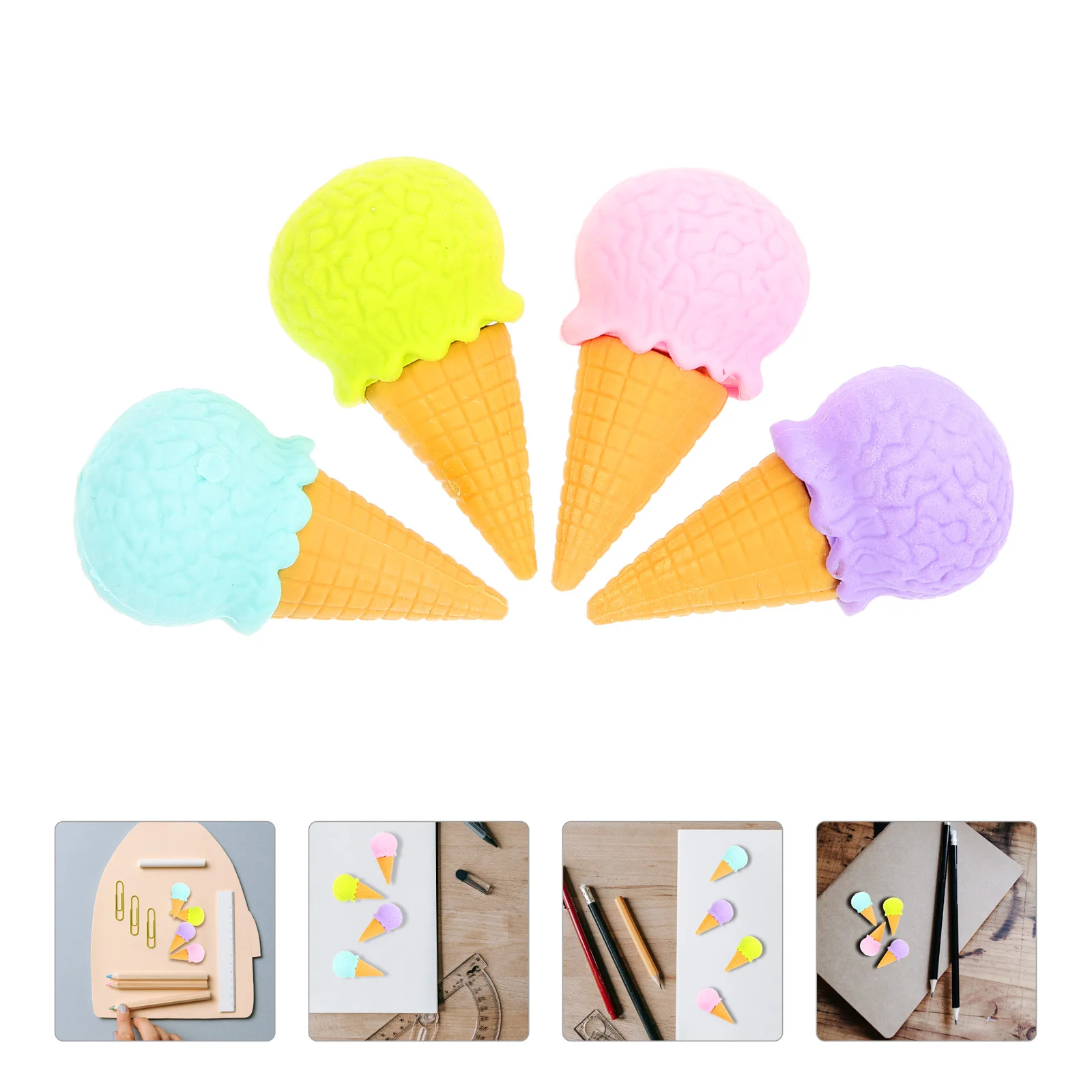 

4 Pcs Decorative Pencil Erasers Cartoon Model Animal Ice Cream Shaped Drawing Mini Portable