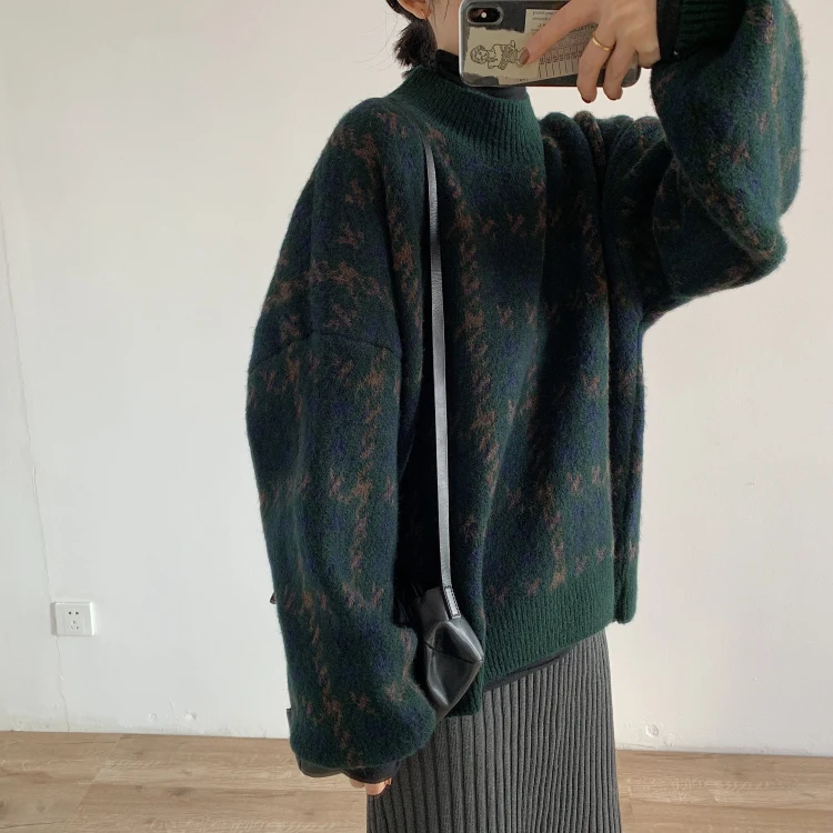 Korean style Winter thousand bird grid semi-turtleneck loose sweater