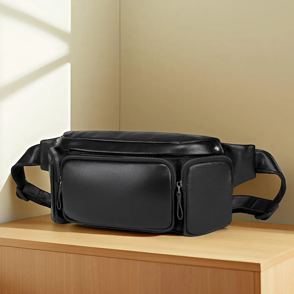Men's waist bag, large-capacity genuine leather chest bag, retro casual multi-functional single-shoulder crossbody bag