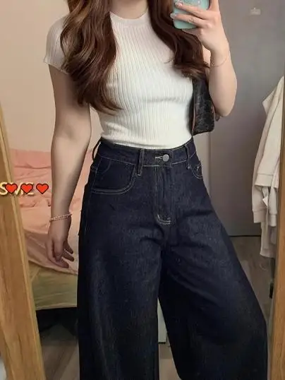 Hohe Taille, weites Bein, FCE-gefüttert, Denim-Jeans für Damen, Übergröße, Birnenappe, lockere, schlankmachende, bodenlange Glocken-Bot