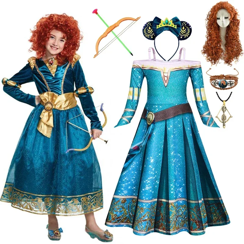 Halloween Girls Princess Merida Costume Brave Children Cosplay Masquerade Costume Fairy Kids Birthday Party Shoulderless Dress